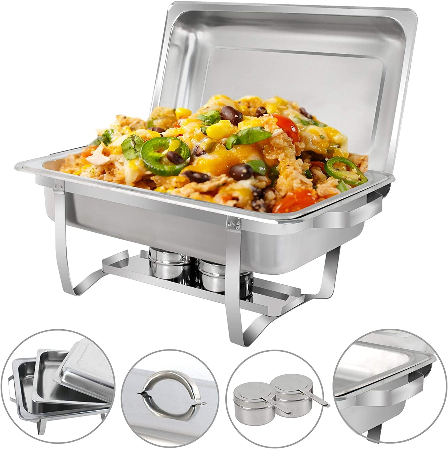 8 Quart Stainless Steel Frame Chafing Dish W/Water Pan, Food Pan, Fuel Holder and Lid